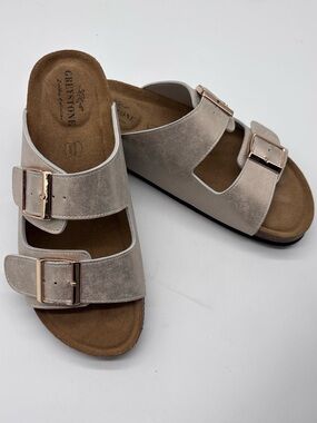 Greystone Leather Collection Metallic Double Buckle Leather Slides NWOB